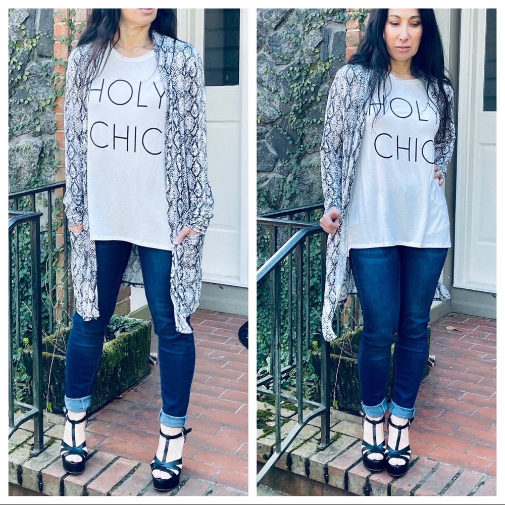 Snakeskin print side pockets open chic cardigan - Picture 3 of 3